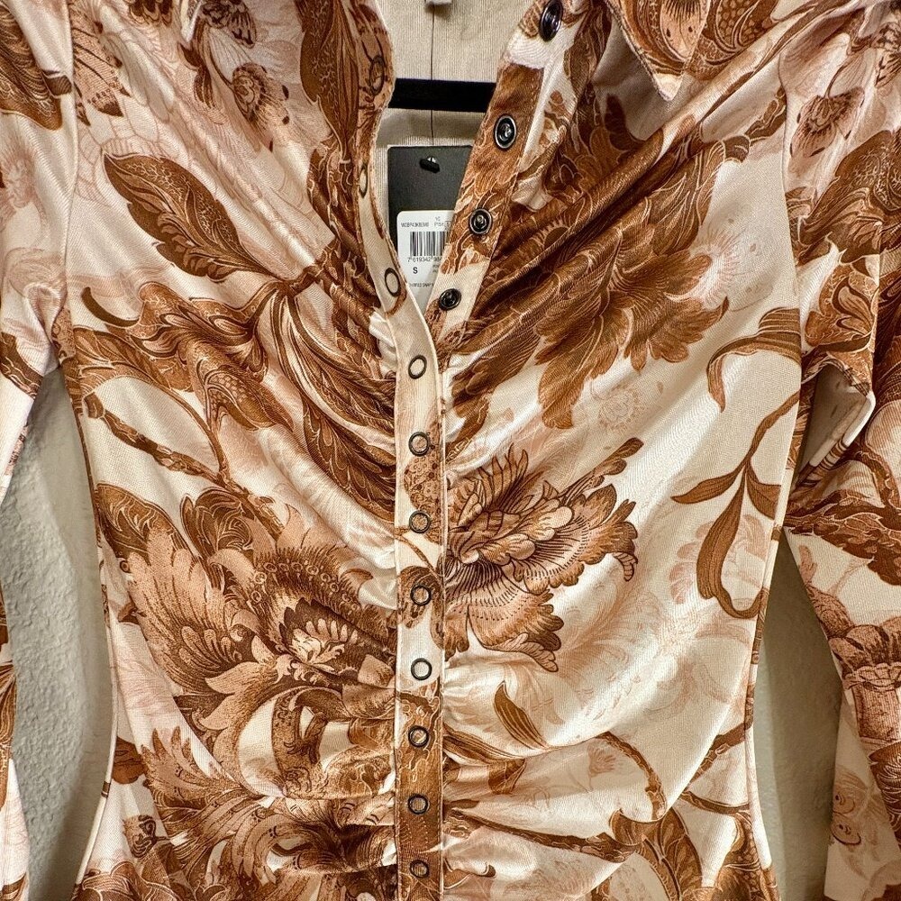 Guess Milana Floral Print Ruched Snap Front Top Brown Long Sleeve Shirt Small - Picture 4 of 8